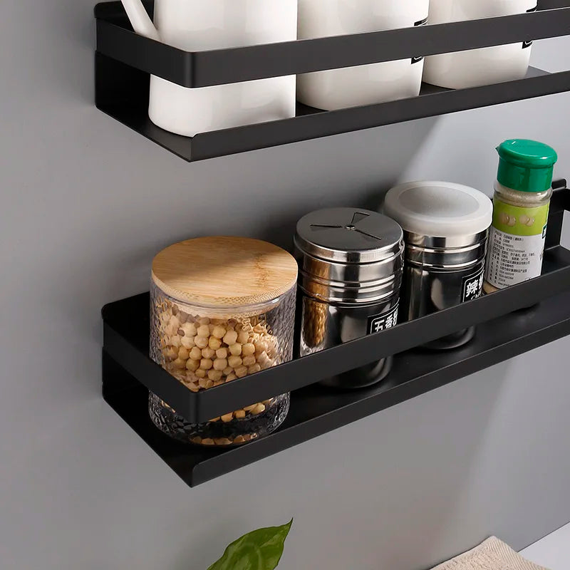 Stainless Steel Bathroom Shelf Black Shower Shampoo Storage Rack Adhesive Suqare Kitchen Bathroom Shlef 20cm 30cm 40cm 50cm