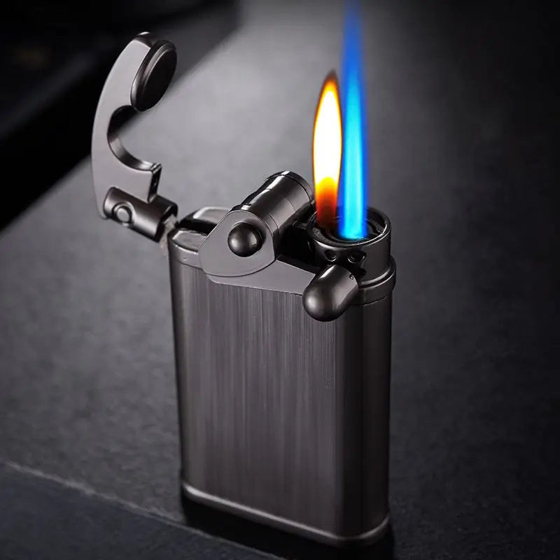 New Rocker Arm Double Flame Lighter Butane Gas Windproof Open Flame Metal Turbo Lighter Men's Smoking Gadget Gift