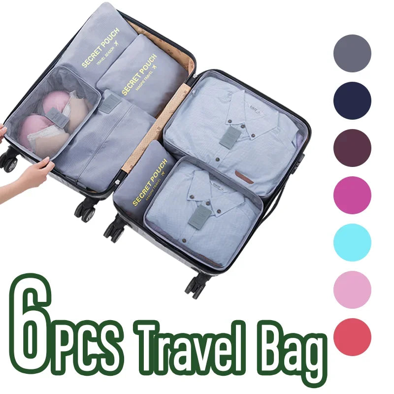 6Pcs Set Travel Organizer Foldable Storage Bags Suitcase Zip Packing Cubes Set Cases Portable Luggage Clothes Shoe Tidy Pouch