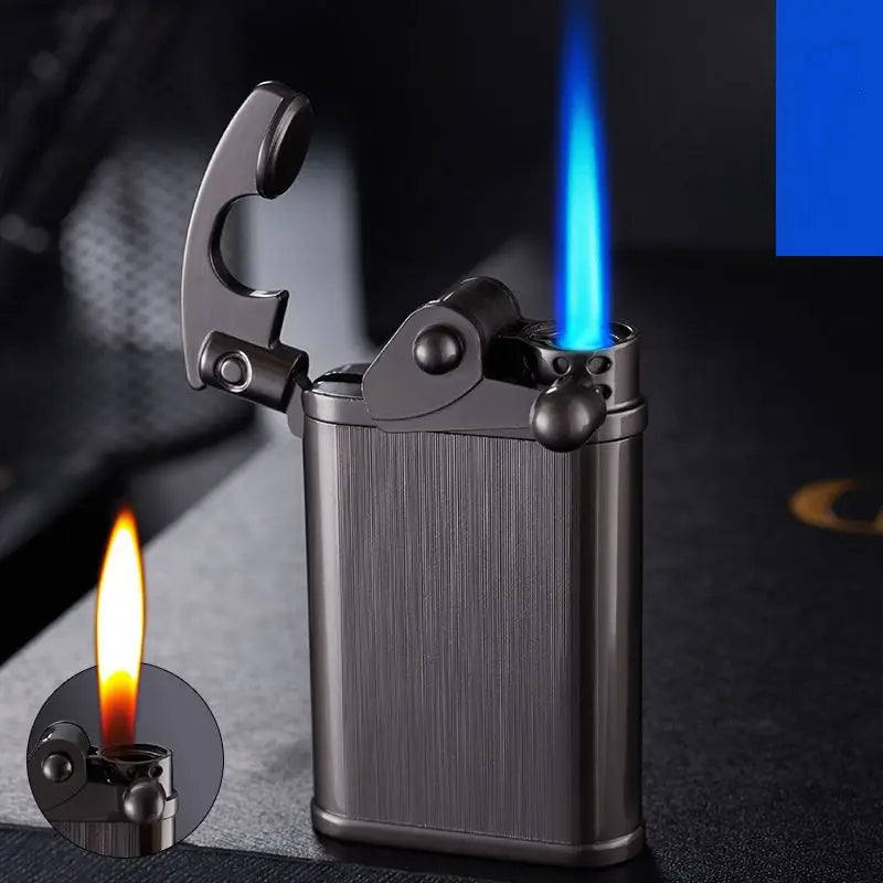 New Rocker Arm Double Flame Lighter Butane Gas Windproof Open Flame Metal Turbo Lighter Men's Smoking Gadget Gift