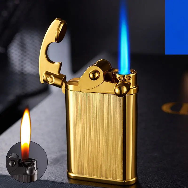 New Rocker Arm Double Flame Lighter Butane Gas Windproof Open Flame Metal Turbo Lighter Men's Smoking Gadget Gift