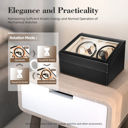 4+6 Automatic Rotation Leather Wood Watch Winder Storage Display Case with Pillow Luxury Box Black/Brown